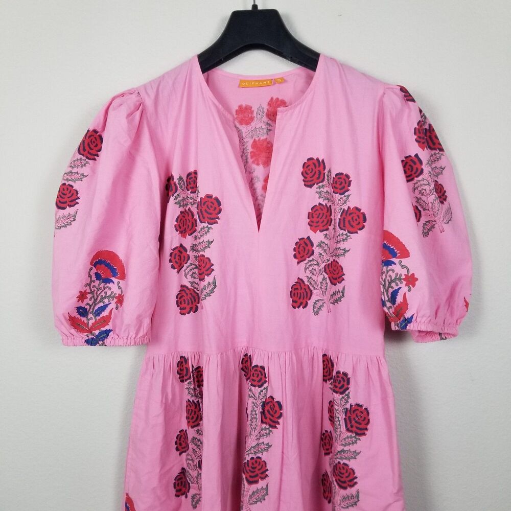 Oliphant Tuckernuck Boca Pink Puff Sleeve Midi Cotton Block Print Dress Size S - Picture 10 of 15